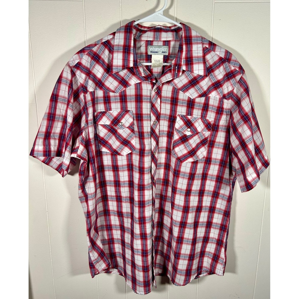 Wrangler Wrancher Mens XL Short Sleeve Western Pearl Snap Plaid Shirt‎ MTW1453